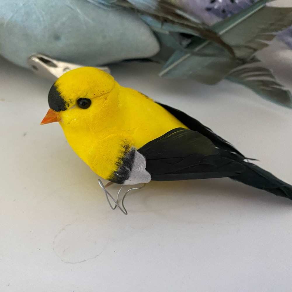 Lot of 4 vtg feathered birds for decorating crafts yellow gold finch realistic